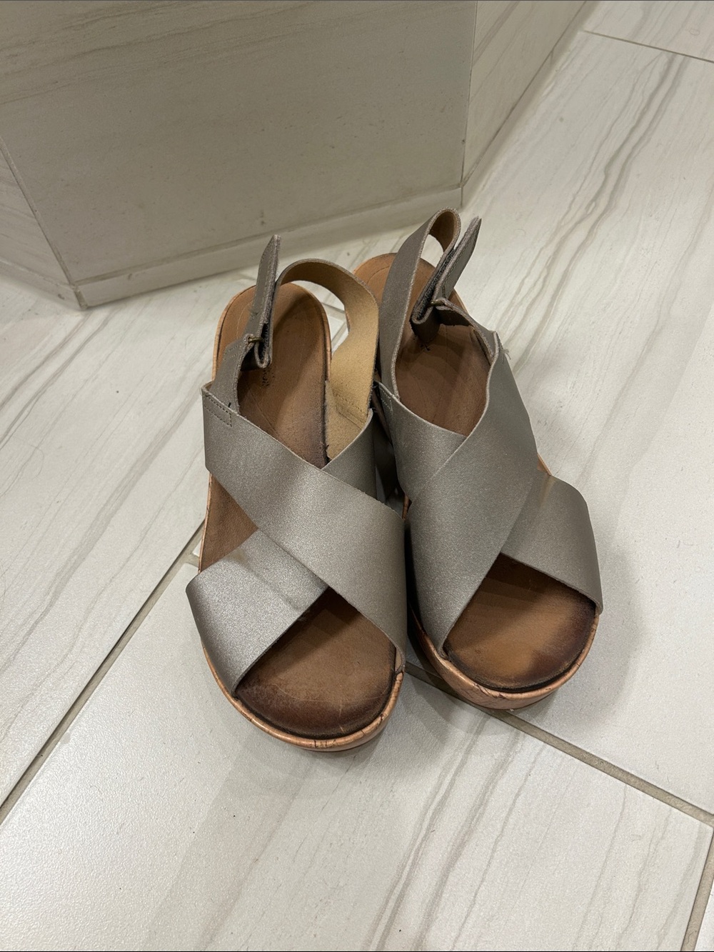 Clarks Silver Cross-Strap Wedge Sandals